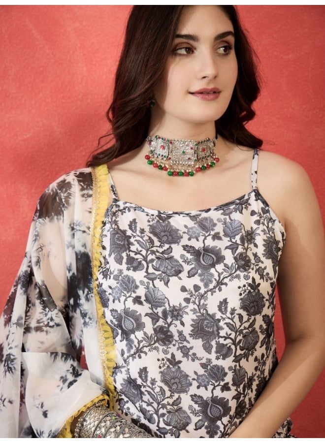 AKS Black & White Chinnon Kurta Sharar Set With Organza Dupatta - Image 2