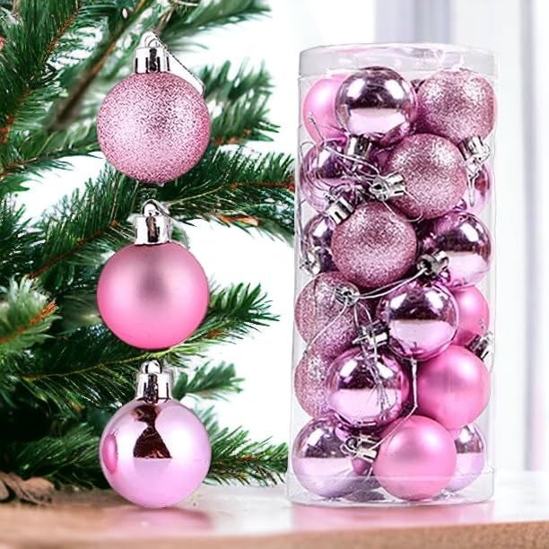 Sesonby Set of 24 Small Balls Christmas Balls Christmas Christmas Ornaments for Christmas Tree Home Decorative Ball for Xmas Tree Shatterproof Decorations Party Christmas Decor Pink - Image 1