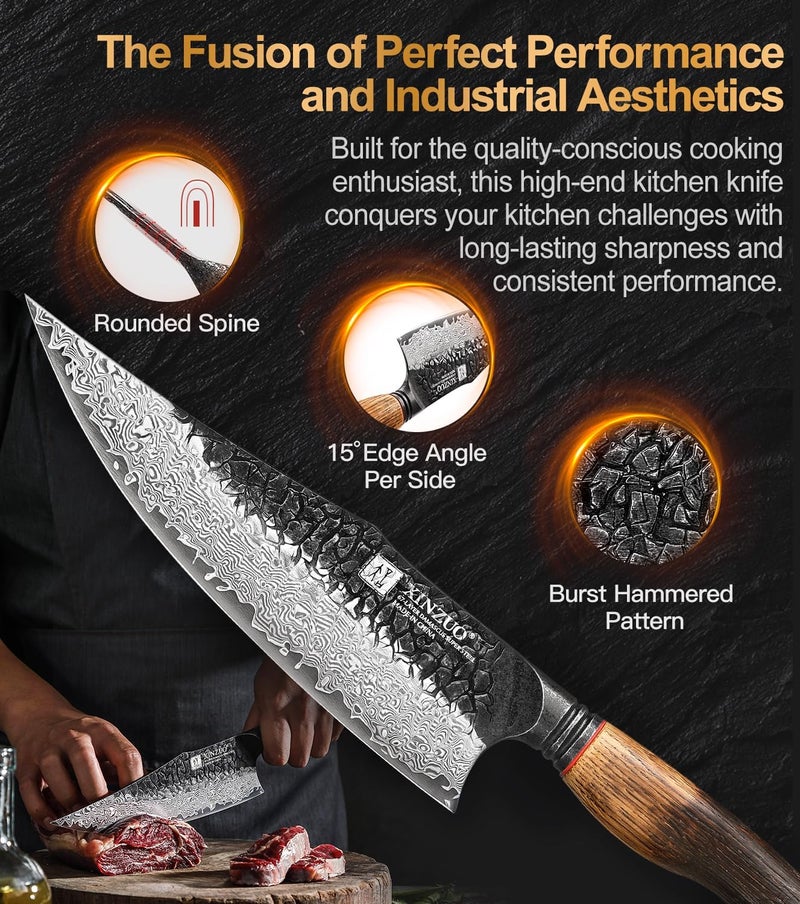 XINZUO 8.6 inch Professional Damascus Chefs Knife,67 Layers Damascus Steel Kitchen Knife,10Cr15CoMoV Steel Core,Very Sharp for Vegetables Meat Cutting for Home Kitchen,Burnt White Oak Wood Handle - Image 5