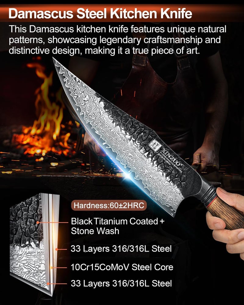 XINZUO 8.6 inch Professional Damascus Chefs Knife,67 Layers Damascus Steel Kitchen Knife,10Cr15CoMoV Steel Core,Very Sharp for Vegetables Meat Cutting for Home Kitchen,Burnt White Oak Wood Handle - Image 2