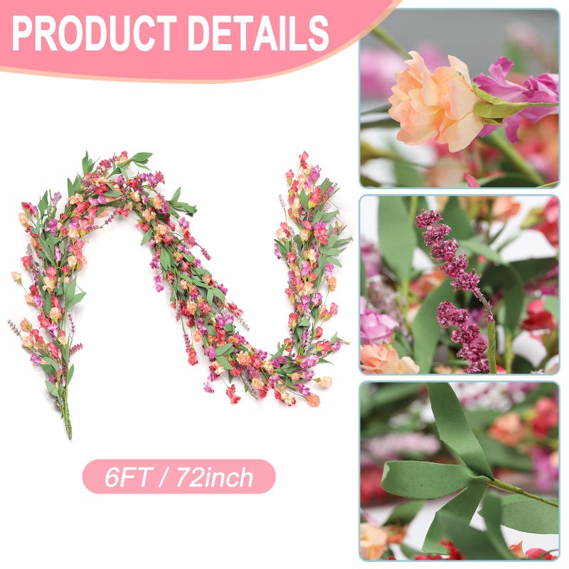 Artgar Flower Garland 6Ft Spring/Summer Garland Floral Garlands for Mantle All Year Round Paper Garlands Decor for Indoor Outdoor Home Wedding Arch Porch Stair Year Round Decor (Red&Orange&Purple) - Image 2
