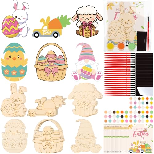 Bafeil Easter Wooden Crafts Painting Kit 24 Pack DIY Unfinished Wood Eggs Bunny to Paint with Magnets Bulk Easter Craft Set for Family Activities Classroom Projects Basket Stuffers - Image 1