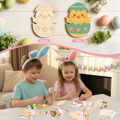 Bafeil Easter Wooden Crafts Painting Kit 24 Pack DIY Unfinished Wood Eggs Bunny to Paint with Magnets Bulk Easter Craft Set for Family Activities Classroom Projects Basket Stuffers - Image 3