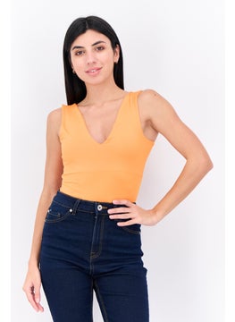 Women V-Neck Plain Bodysuit, Orange
