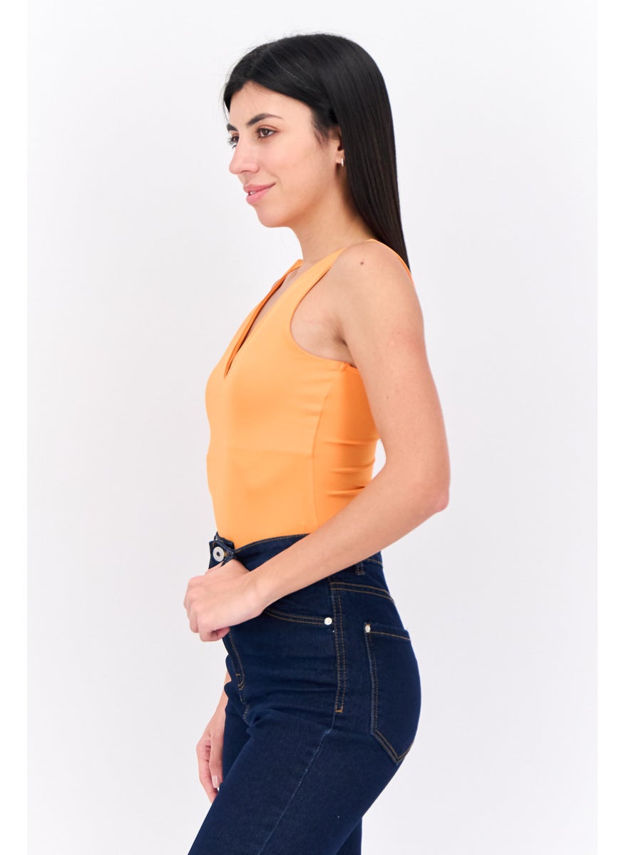 Lefties - Women V-Neck Plain Bodysuit, Orange - Image 1