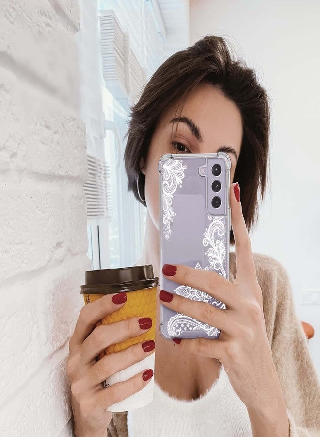 KIOMY جراب KIOMY الشفاف لهاتف سامسونج جالاكسي S21 FE 5G، مقاوم للصدمات، غطاء خلفي واقٍ للهاتف، تصميم هجين من البولي كربونات الصلب مع إطار TPU مرن، شفاف بتصميم زهري دانتيل لطيف - Image 4