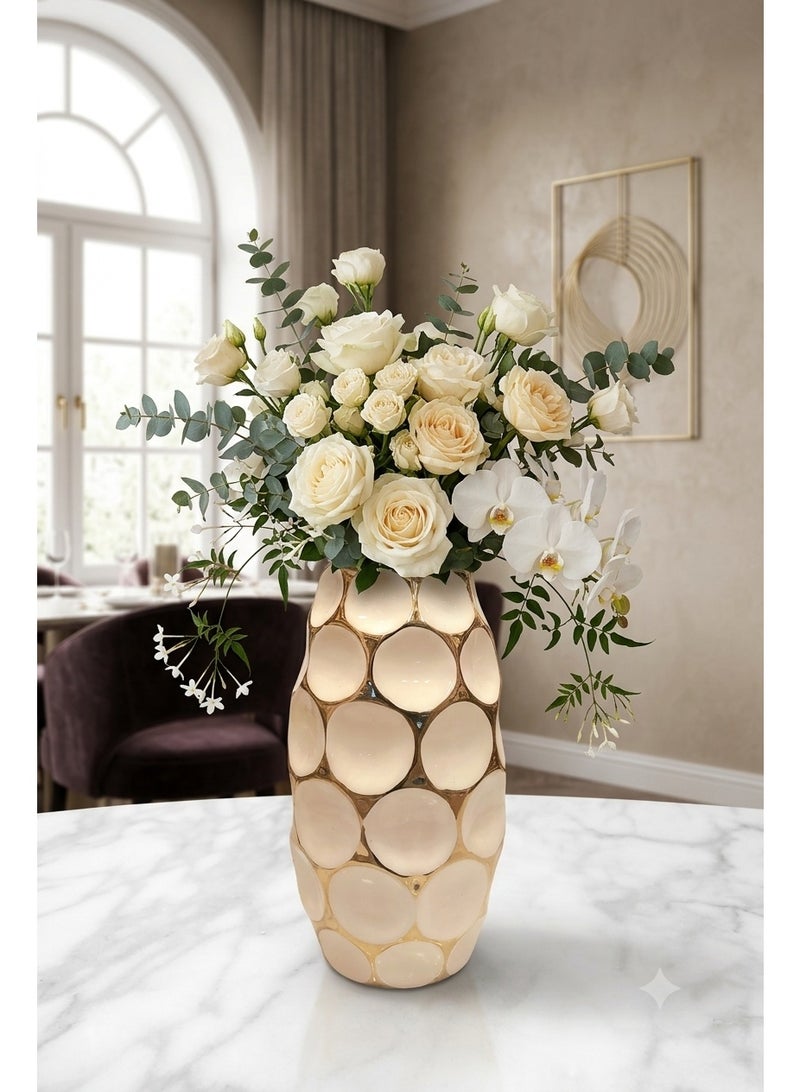 Modern Cream & Gold Ceramic Flower Vase With Honeycomb Textured Tabletop Centerpiece for Living Room & Home Decor