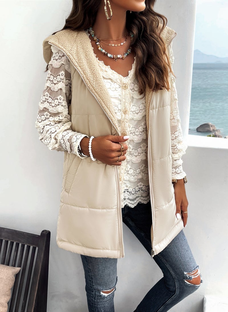 Loquat Squality Long Hooded Cotton-Padded Coat For Loose Winter Commute Beige - Image 1