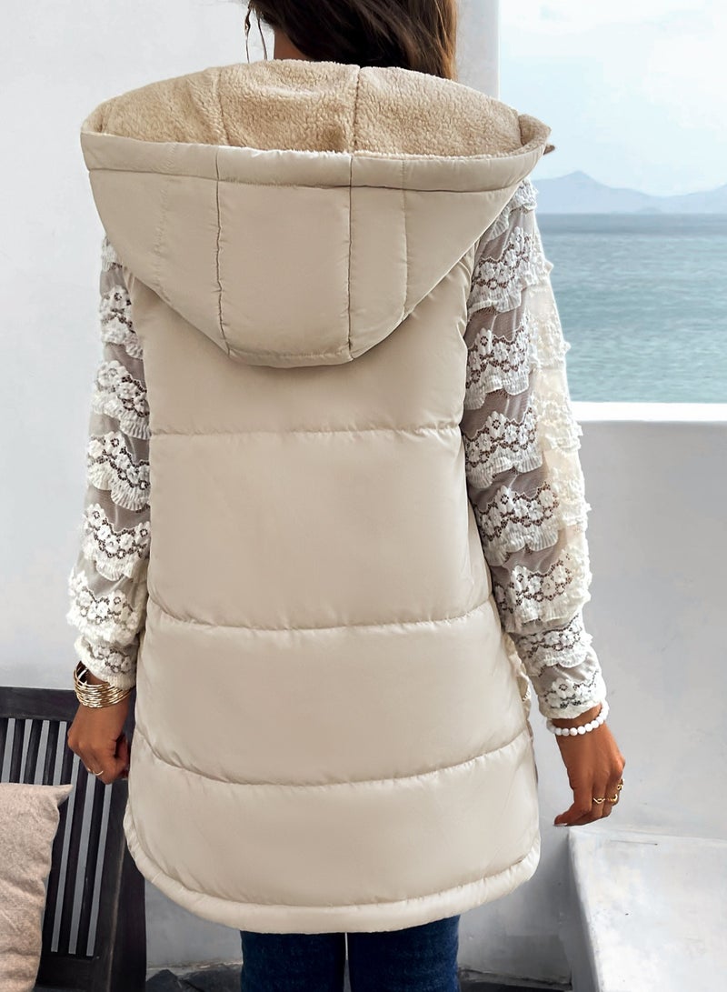 Loquat Squality Long Hooded Cotton-Padded Coat For Loose Winter Commute Beige - Image 2