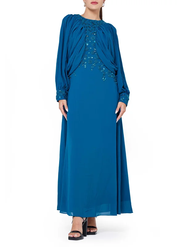 امري Center Embellished Draped Puff Sleeves Gown