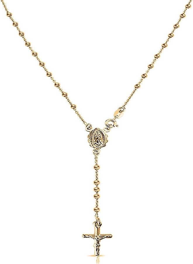 Savlano 925 Sterling Silver Italian Solid Bead Chain Cross & Rosary Virgin Mary Pendant -18K Gold Plated Y Necklace Comes With Gift Box for Women - Made in Italy (18, 3mm) - Image 1