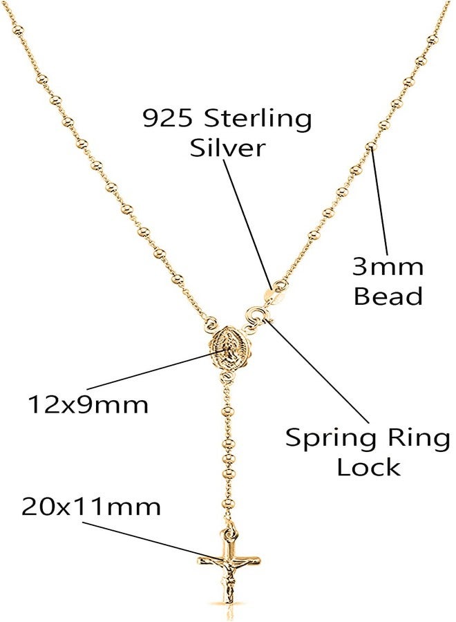 Savlano 925 Sterling Silver Italian Solid Bead Chain Cross & Rosary Virgin Mary Pendant -18K Gold Plated Y Necklace Comes With Gift Box for Women - Made in Italy (18, 3mm) - Image 2