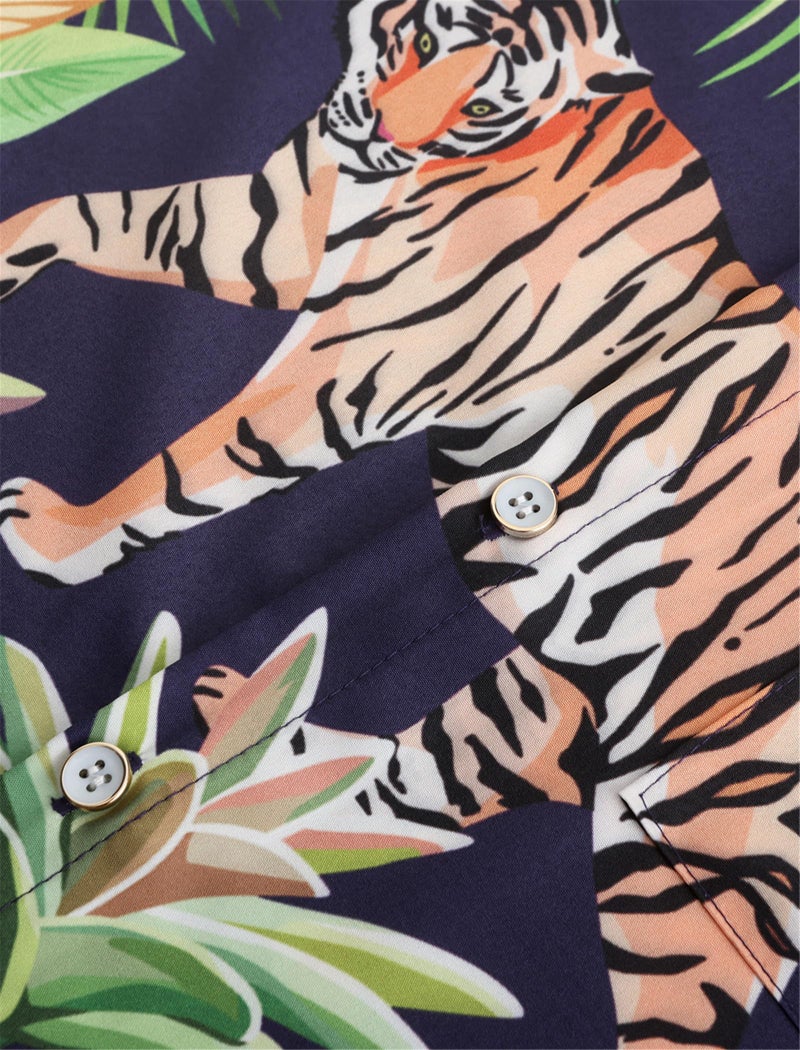 KYKU Tiger Print Button Up Shirt Mens Funny Hawaiian Shirts with Pockets, Green Palm Leaves, 3XL - Image 2