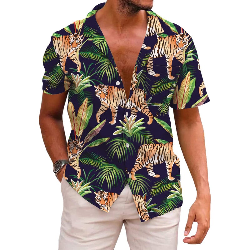 KYKU Tiger Print Button Up Shirt Mens Funny Hawaiian Shirts with Pockets, Green Palm Leaves, 3XL - Image 1