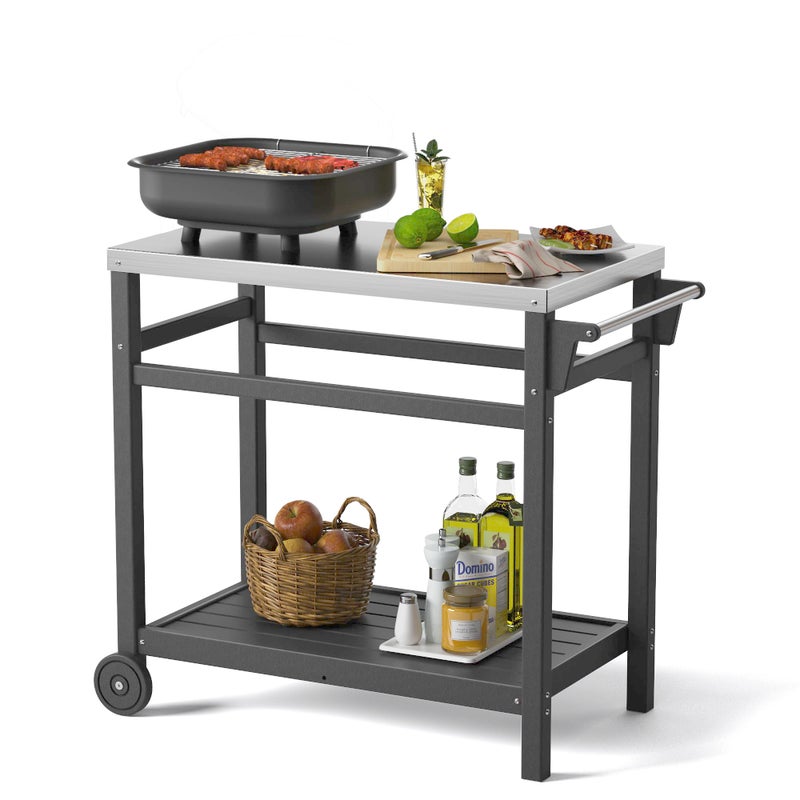 TORVA Outdoor Prep Grill Carts 303 Stainless Steel Tabletop with High Load Capacity Portable BBQ Table HDPE Durable Frame 2Tier Storage Cart Grey