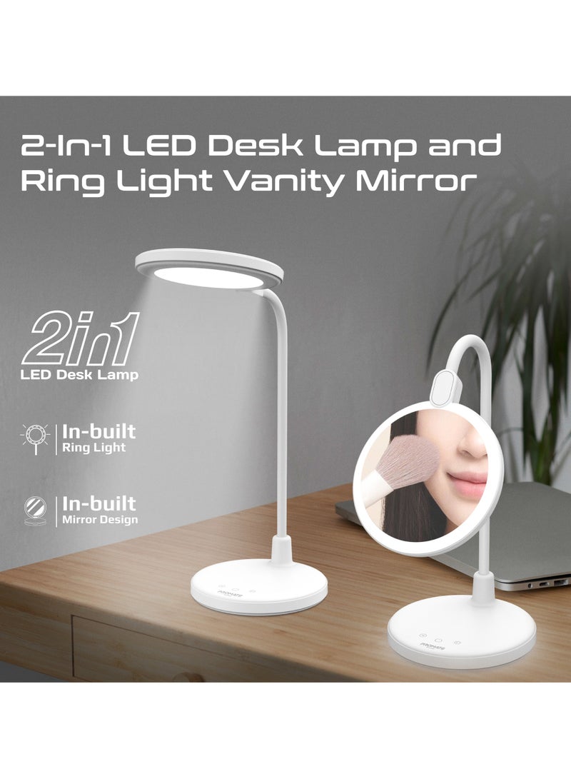 Promate 2-in-1 LED Desk Lamp and Makeup Vanity Mirror with Touch Controls, Three Light Modes, Seamless Brightness Control, Flexible Gooseneck, Rechargeable Battery for Beauty, Work, Ambience, Luxo White white - Image 2