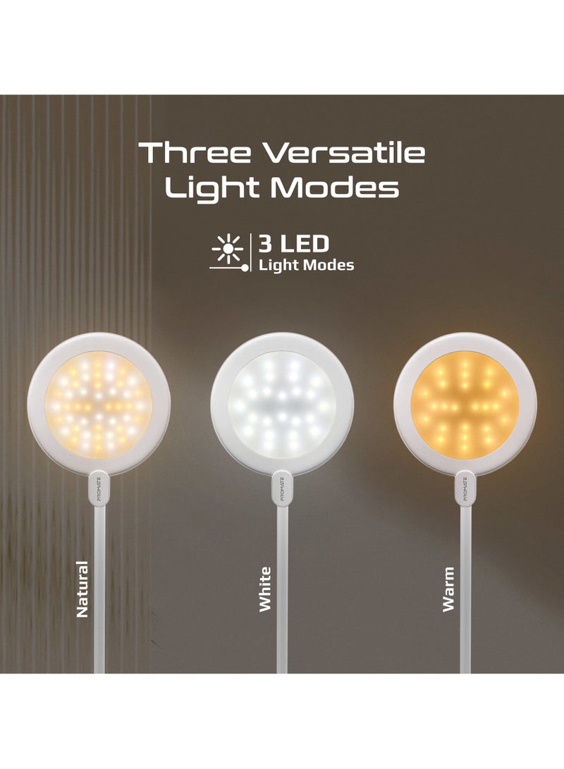 Promate 2-in-1 LED Desk Lamp and Makeup Vanity Mirror with Touch Controls, Three Light Modes, Seamless Brightness Control, Flexible Gooseneck, Rechargeable Battery for Beauty, Work, Ambience, Luxo White white - Image 4