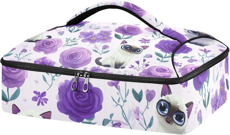 ElliTarr Casserole Carrier Insulated Casserole Dish Carrier Thermal Food Warmer Bag Lasagna Holder Lugger Tote Potluck Containers for Travel Picnic Party Purple Floral Cute Cats - Image 1