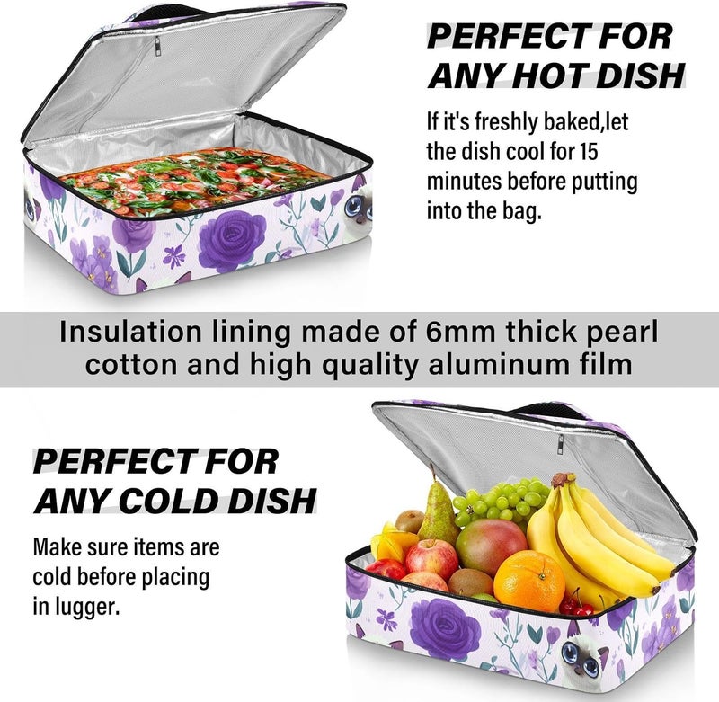 ElliTarr Casserole Carrier Insulated Casserole Dish Carrier Thermal Food Warmer Bag Lasagna Holder Lugger Tote Potluck Containers for Travel Picnic Party Purple Floral Cute Cats - Image 5