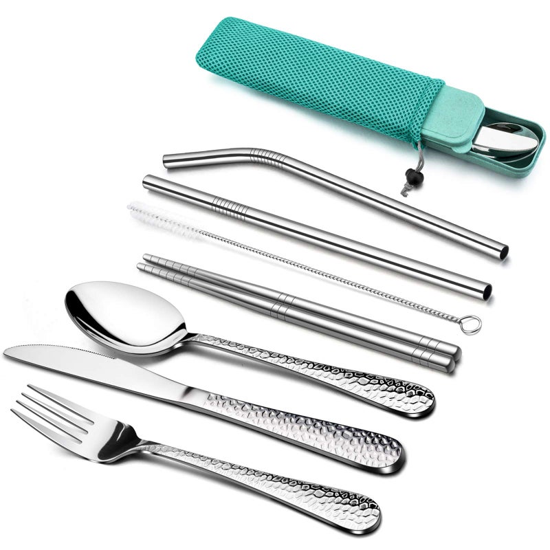 HaWare 9 Piece Individual Portable Hammered Cutlery Sets Stainless Steel Camping Travel Flatware for 1 with Knife Fork Spoon Chopsticks Cleaning Brush Straws Portable Case  Bag Green