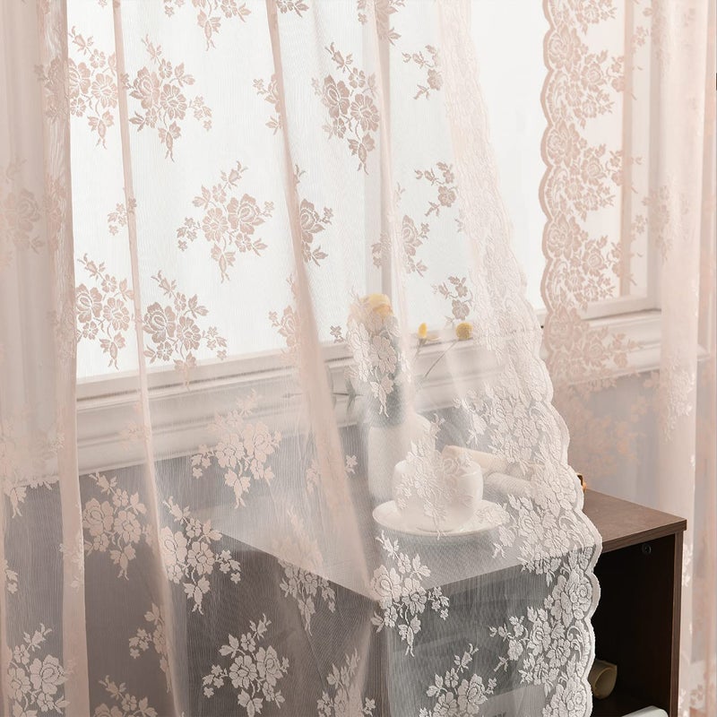 Kotile Kotile Pink Lace Curtains for Bedroom  Country Floral Knitted Curtains 84 Inches Long Scalloped Sheer Drapes for Girls Room Rod Pocket Privacy Coquette Window Curtain 52 x 84 Inch 2 Panels