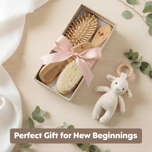 A Baby Cherry - 3 Piece Premium Baby Brush & Comb Set | Baby Hair Brush | Wooden Baby Comb Hair for New Born & Natural Fiber Hair Brush for Toddler | Natural Soft Bristles | Perfect Baby Grooming Kit - Image 5
