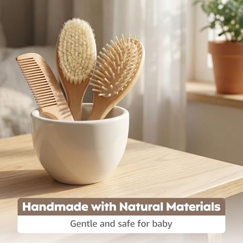 A Baby Cherry - 3 Piece Premium Baby Brush & Comb Set | Baby Hair Brush | Wooden Baby Comb Hair for New Born & Natural Fiber Hair Brush for Toddler | Natural Soft Bristles | Perfect Baby Grooming Kit - Image 3