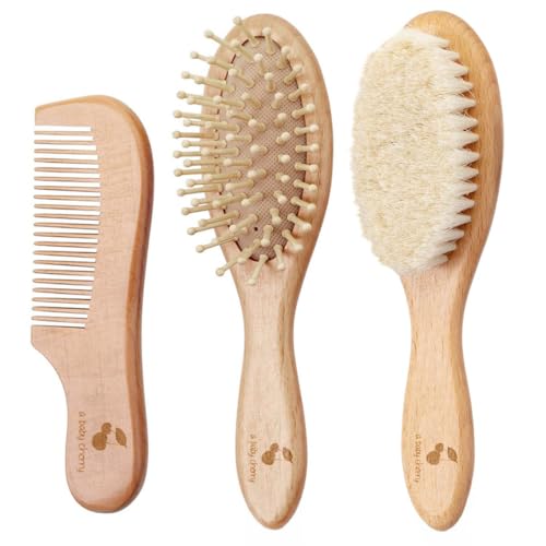 A Baby Cherry - 3 Piece Premium Baby Brush & Comb Set | Baby Hair Brush | Wooden Baby Comb Hair for New Born & Natural Fiber Hair Brush for Toddler | Natural Soft Bristles | Perfect Baby Grooming Kit - Image 1