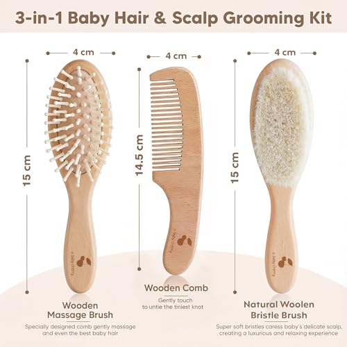A Baby Cherry - 3 Piece Premium Baby Brush & Comb Set | Baby Hair Brush | Wooden Baby Comb Hair for New Born & Natural Fiber Hair Brush for Toddler | Natural Soft Bristles | Perfect Baby Grooming Kit - Image 2
