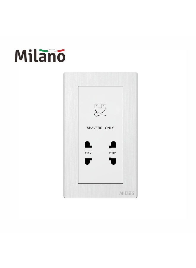 Milano Aura Brushed White Shaver Socket 3X6 - Durable Polycarbonate Electrical Switch for Bathroom & Kitchen - 25 Years Warranty - High-Quality Electrical Tool & Accessory - Made in China