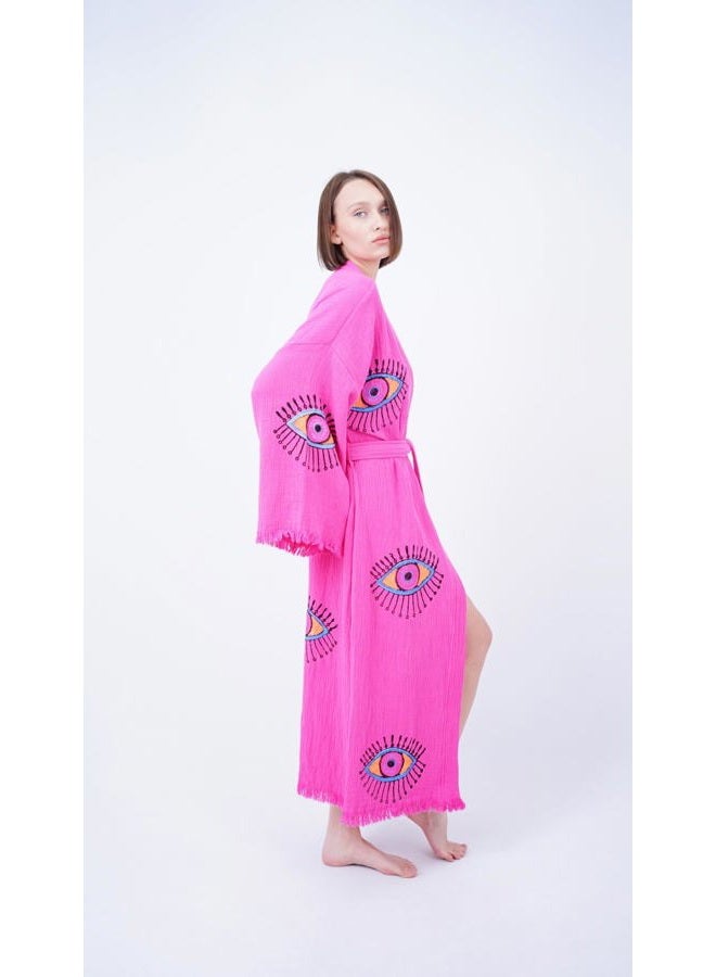 Bodho Handmade Evil Eye Boho Festival Kimono Boho Beachwear Beachwear Cover Up Ethnic Kimono Cardigan Bathrobe Morning Robe (Pink), Pink, One size - Image 2