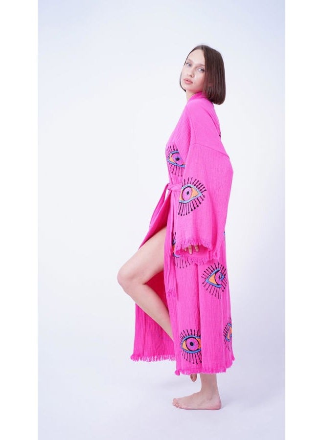 Bodho Handmade Evil Eye Boho Festival Kimono Boho Beachwear Beachwear Cover Up Ethnic Kimono Cardigan Bathrobe Morning Robe (Pink), Pink, One size - Image 3
