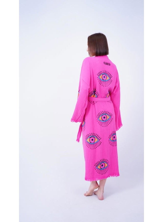 Bodho Handmade Evil Eye Boho Festival Kimono Boho Beachwear Beachwear Cover Up Ethnic Kimono Cardigan Bathrobe Morning Robe (Pink), Pink, One size - Image 4