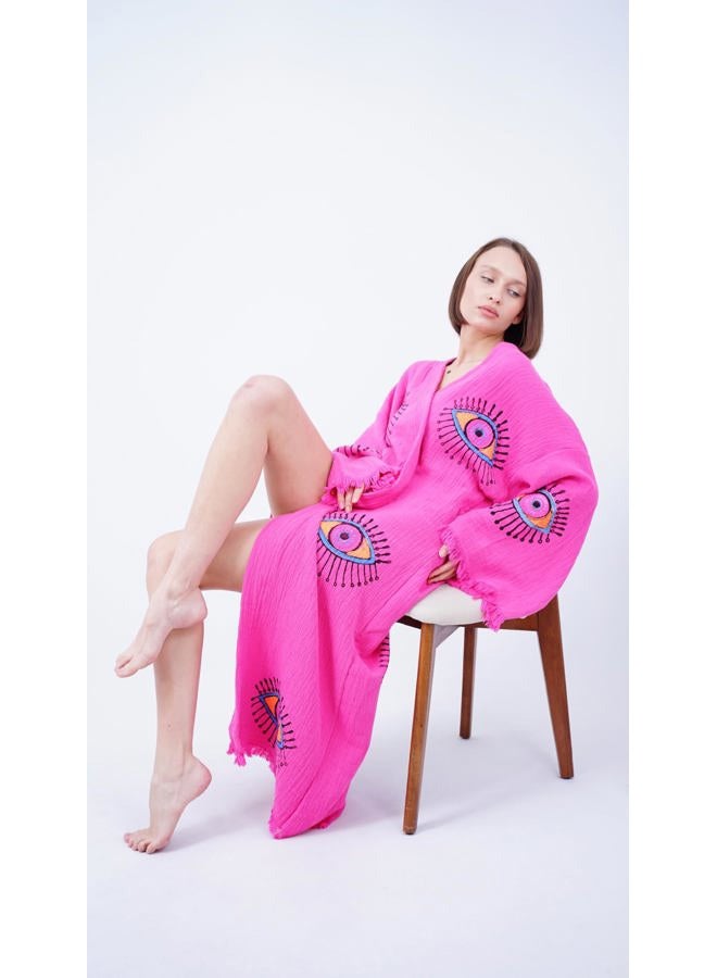 Bodho Handmade Evil Eye Boho Festival Kimono Boho Beachwear Beachwear Cover Up Ethnic Kimono Cardigan Bathrobe Morning Robe (Pink), Pink, One size - Image 5