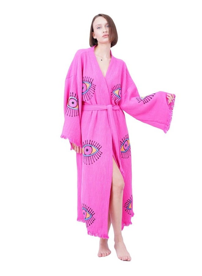 Bodho Handmade Evil Eye Boho Festival Kimono Boho Beachwear Beachwear Cover Up Ethnic Kimono Cardigan Bathrobe Morning Robe (Pink), Pink, One size - Image 1