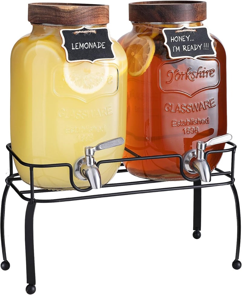 Mustry Glass Drink Dispenser for Parties, 1 Gallon Beverage Dispenser with Stand and Spigot Solid Stainless Steel, Used as Lemonade Dispenser Sun Tea Jar Kombucha Jar, Set of 2 - Image 1