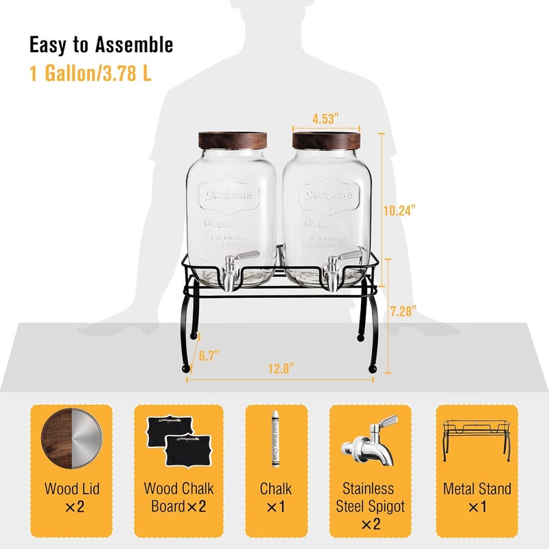Mustry Glass Drink Dispenser for Parties, 1 Gallon Beverage Dispenser with Stand and Spigot Solid Stainless Steel, Used as Lemonade Dispenser Sun Tea Jar Kombucha Jar, Set of 2 - Image 2