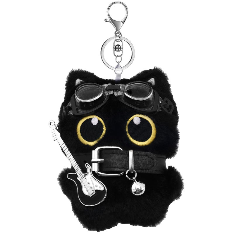 TUCEWP Black Cat Keychain for Women Men Cute Plush Cat Bag Charm Y2k Punk Guitar Kitten Keyring for Handbag Backpack Charms Kawaii Aesthetic Purse Bag Car Accessories Birthday Halloween Christmas Gift - Image 1