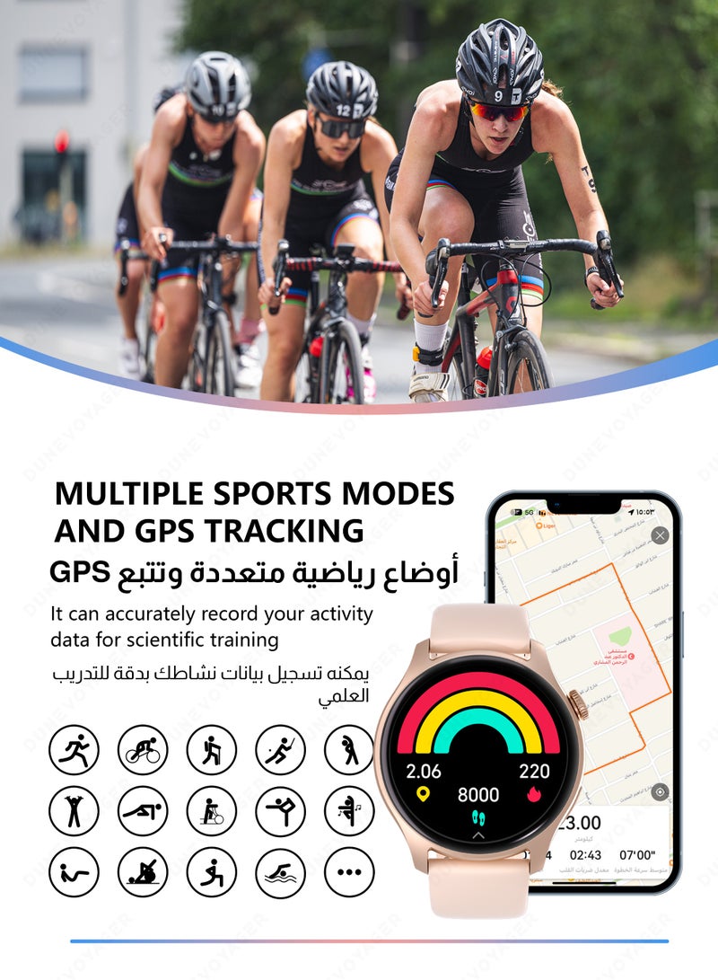 مسافر الكثبان ساعة ذكية بشاشة AMOLED عالية الدقة، وبطارية 280 ملّي أمبير مخصصة للرجال والنساء، تدعم أنماط رياضية متعددة، مقاومة للماء بمعيار IP68، تدعم مكالمات بلوتوث عالية الدقة، مراقبة معدل ضربات القلب ونسبة الأكسجين في الدم (SPO2) في الوقت الفعلي، مع تتبع GPS دقيق، ساعة ذكية فائقة التطور – باللون الوردي. - Image 4