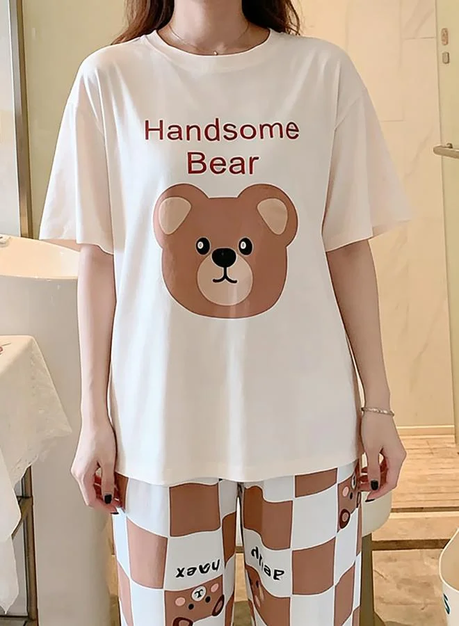 Take Two Beige Beige Bear Print T-Shirt and Pyjama Set for Women | Best Price UAE