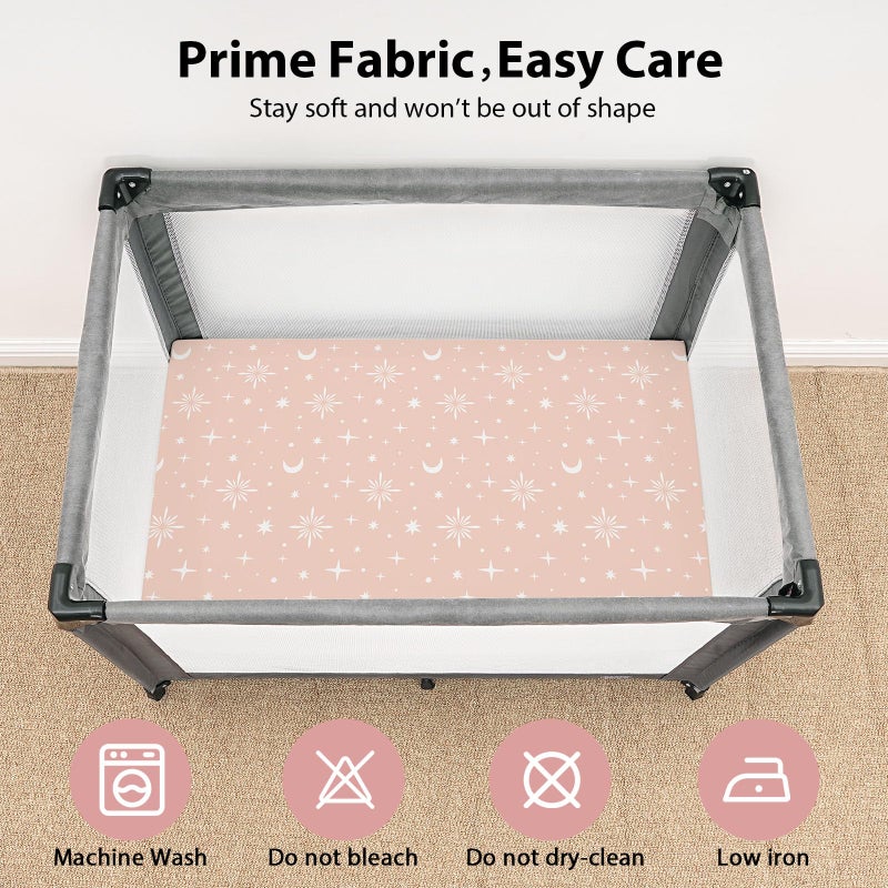 FIEMOL Baby Mini Crib Sheets Girl, Portable 38â€x26â€ Pack and Play Sheets Fitted for Playard and Pack N Play Mattress, 3-Pack Soft Microfiber Pink Stars - Image 3