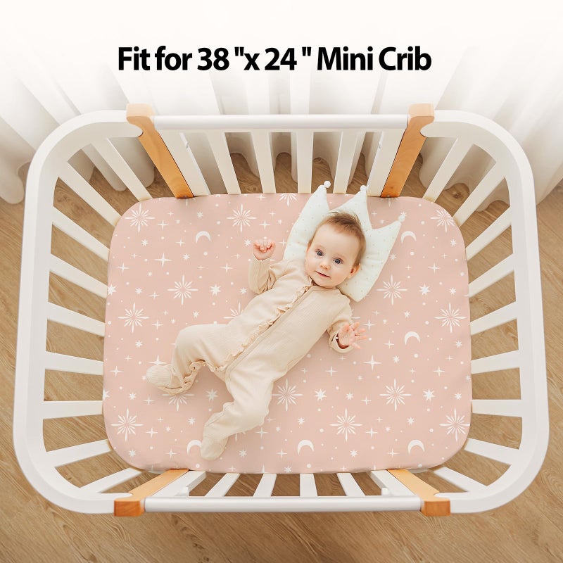 FIEMOL Baby Mini Crib Sheets Girl, Portable 38â€x26â€ Pack and Play Sheets Fitted for Playard and Pack N Play Mattress, 3-Pack Soft Microfiber Pink Stars - Image 4