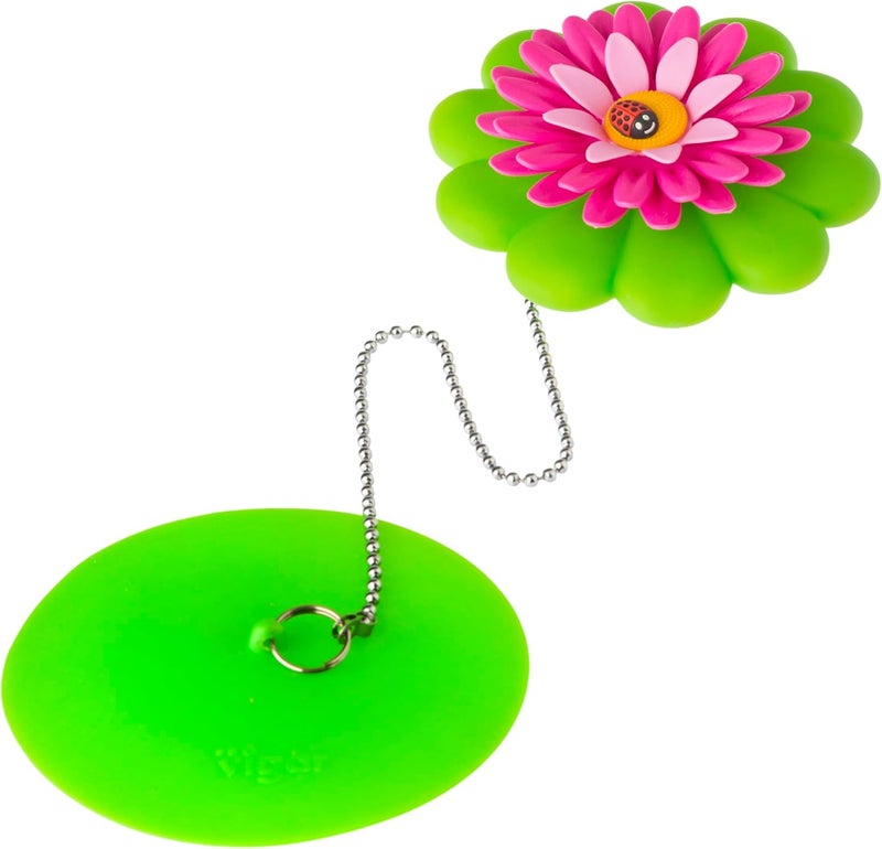 Vigar Flower Power Bathtub Drain Stopper, Tub Stopper with Chain and Daisy-shaped Floaty, 4-1/10 Inches, Perfect Bathroom Accessories, Pink, Green - Image 1