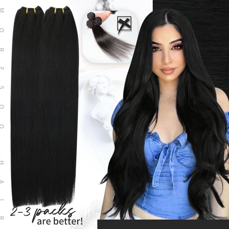 Moresoo Sew in Hair Extensions Black Silky Straight Remy Weft Hair Extensions Sew in Human Hair Jet Black Double Weft #1 100g 18 Inch - Image 5