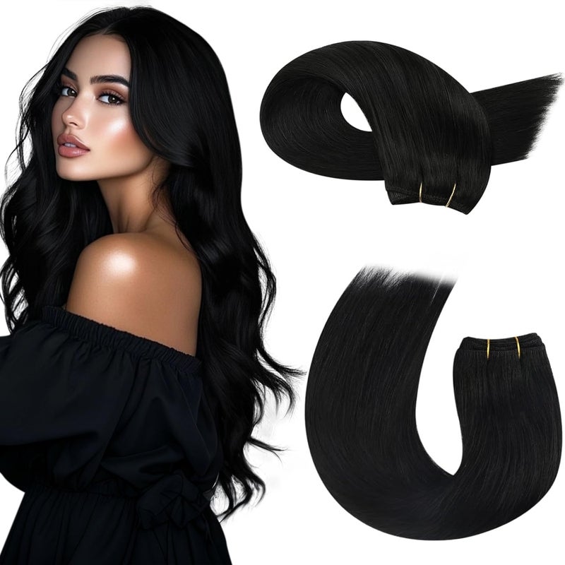 Moresoo Sew in Hair Extensions Black Silky Straight Remy Weft Hair Extensions Sew in Human Hair Jet Black Double Weft #1 100g 18 Inch - Image 1