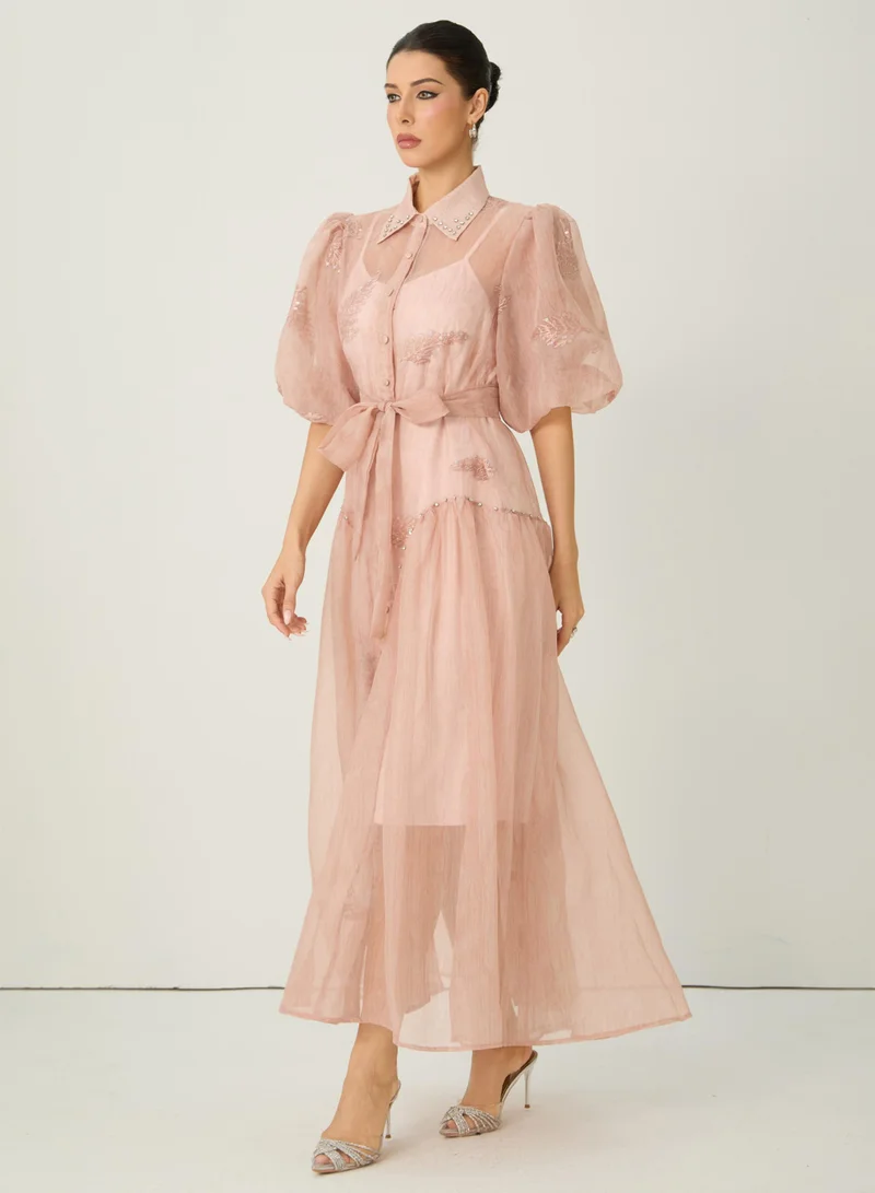 Sunfere Dreamy Personality Pink Puff Sleeve Embroidered Maxi Dress