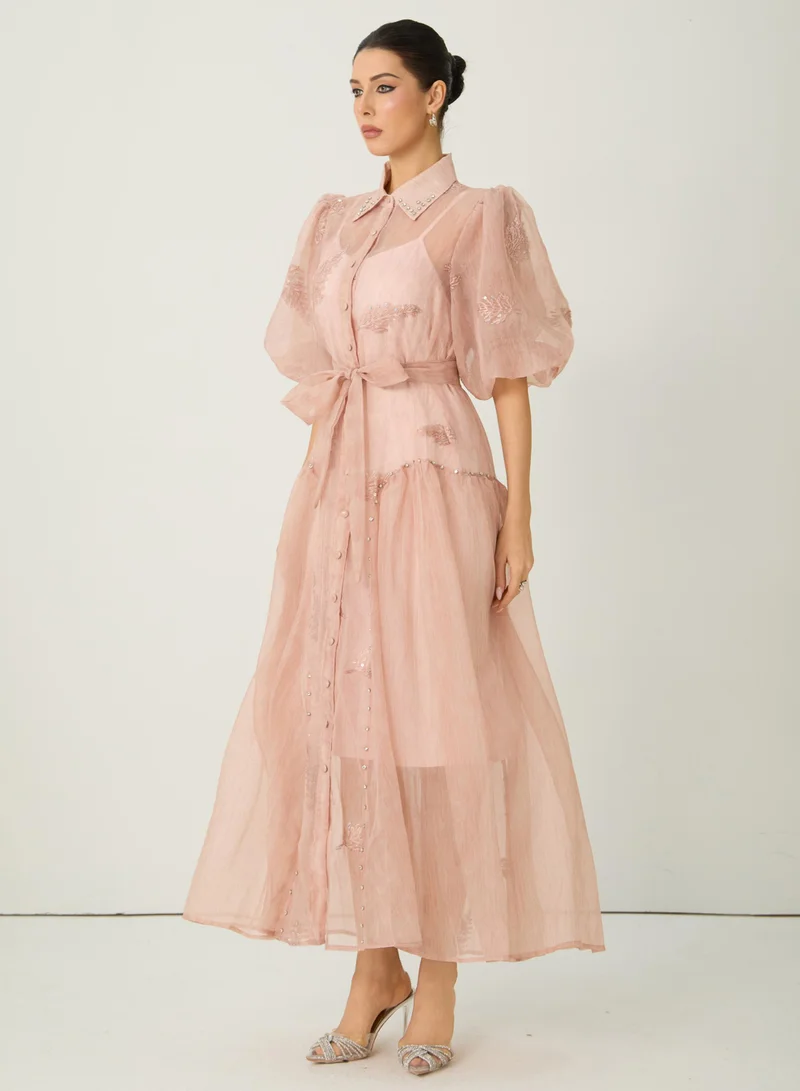 Sunfere  Dreamy Personality Pink Puff Sleeve Embroidered Maxi Dress for Women | Best Price UAE