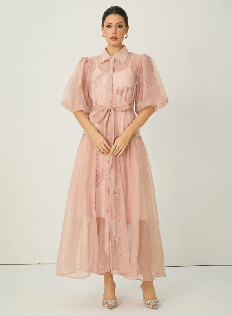 Sunfere Dreamy Personality Pink Puff Sleeve Embroidered Maxi Dress