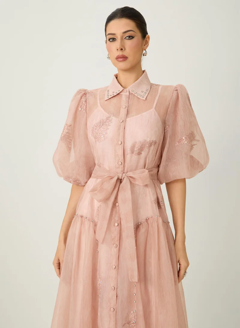 Sunfere  Dreamy Personality Pink Puff Sleeve Embroidered Maxi Dress for Women | Best Price UAE