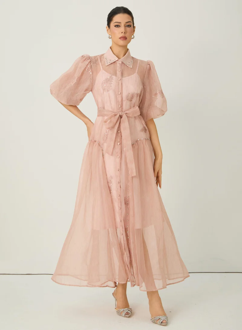 Sunfere  Dreamy Personality Pink Puff Sleeve Embroidered Maxi Dress for Women | Best Price UAE